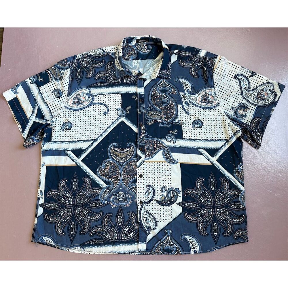 MCEDAR Men's 4XL Blue Paisley‎ Short Sleeve Button-Down Shirt Hawaiian